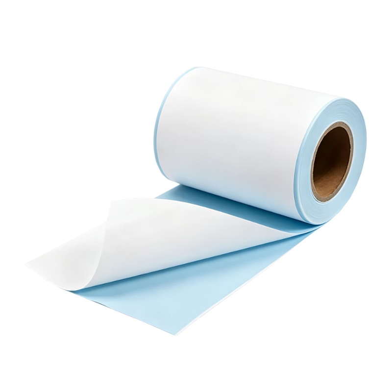 Papel sintético blanco mate 80mic / adhesivo congelado removible con solvente / liner glassine azul cielo 60g upm 